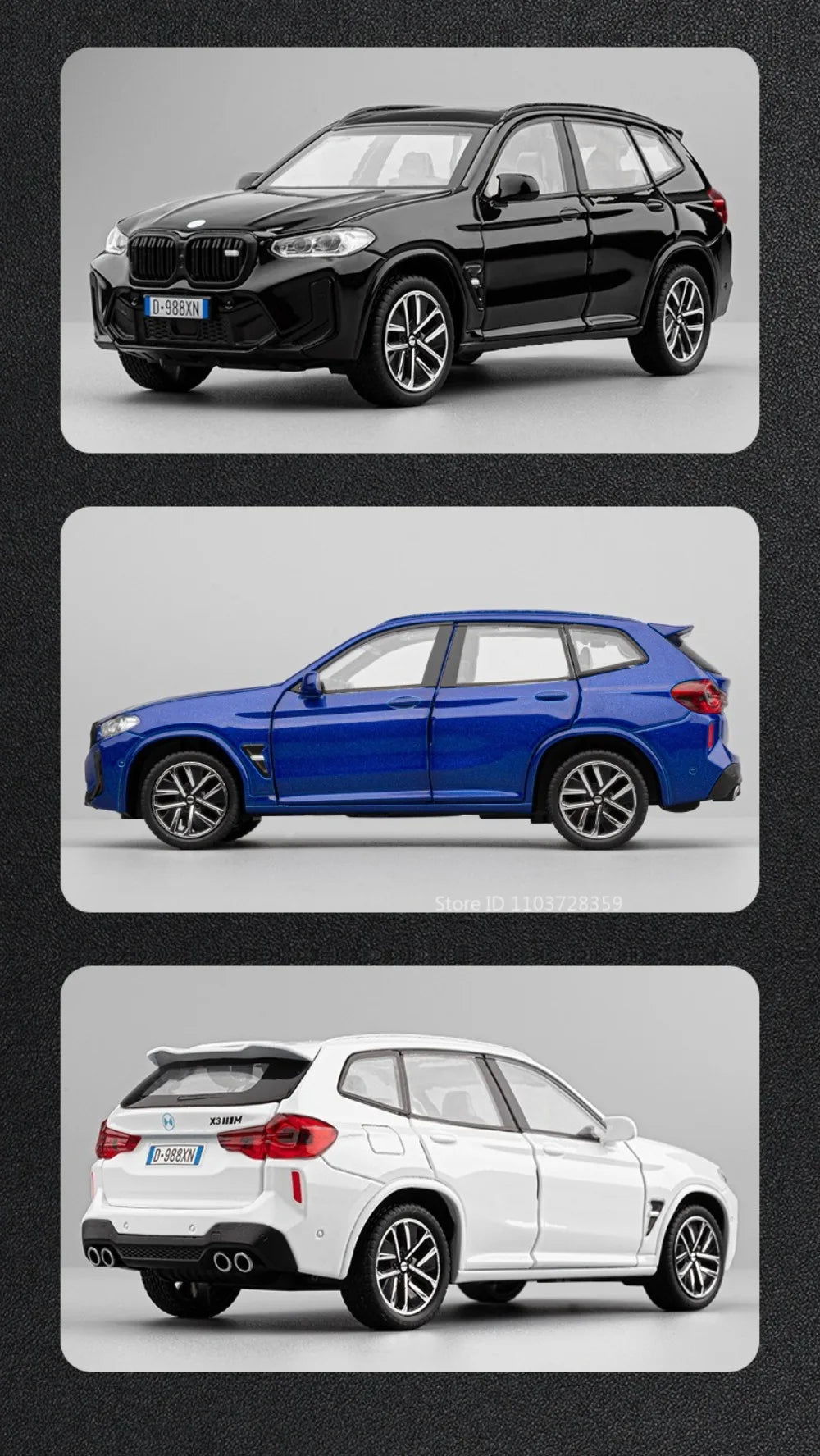 Three diecast model cars: a black BMW X5, a blue BMW X3, and a white BMW X3 M model.