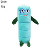 Poupée en peluche bleu clair avec de grands yeux et un sourire, dotée de membres verts.