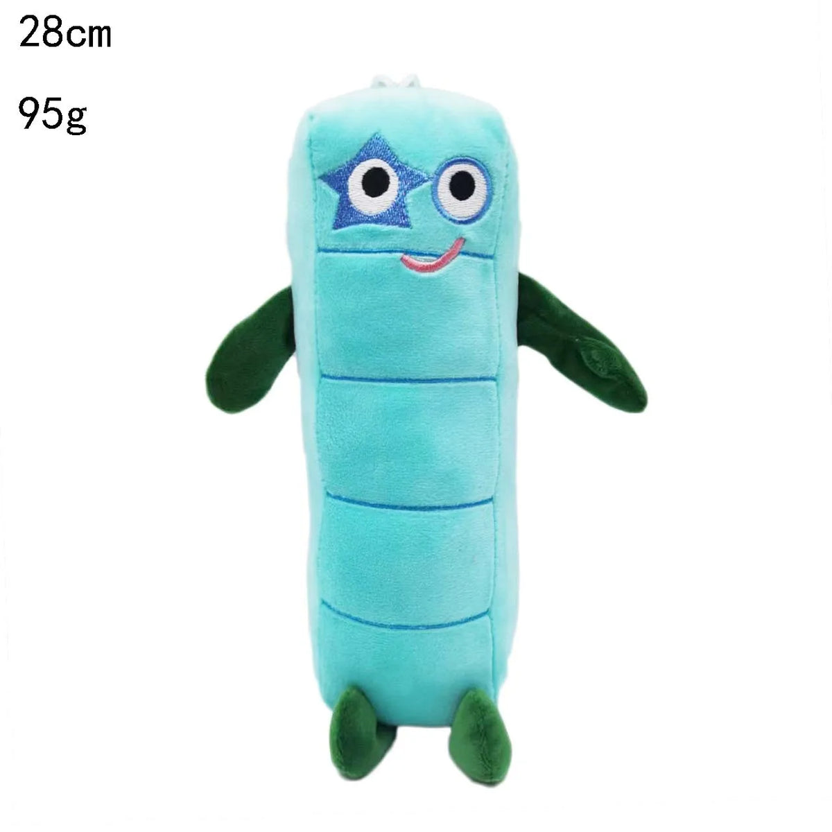 Poupée en peluche bleu clair avec de grands yeux et un sourire, dotée de membres verts.