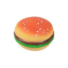 A squishy sensory toy shaped like a hamburger with an orange bun, green lettuce, and brown patty.
