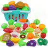 A colorful set of DIY fruit cutting music toys including various plastic fruits and vegetables in green, orange, purple, and 
