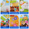 A collection of farm-themed Montessori busy books including a sensory board, pull-up radishes, lacing toy, color and shape ma