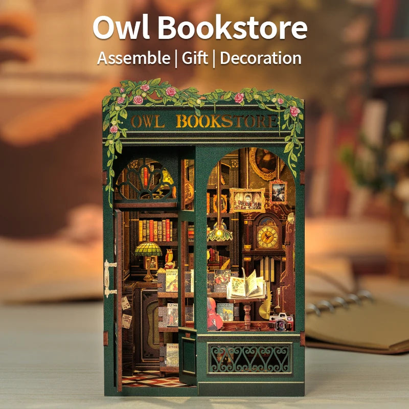 Owl Bookstore Miniature Book Nook DIY Kit with LED Lighting