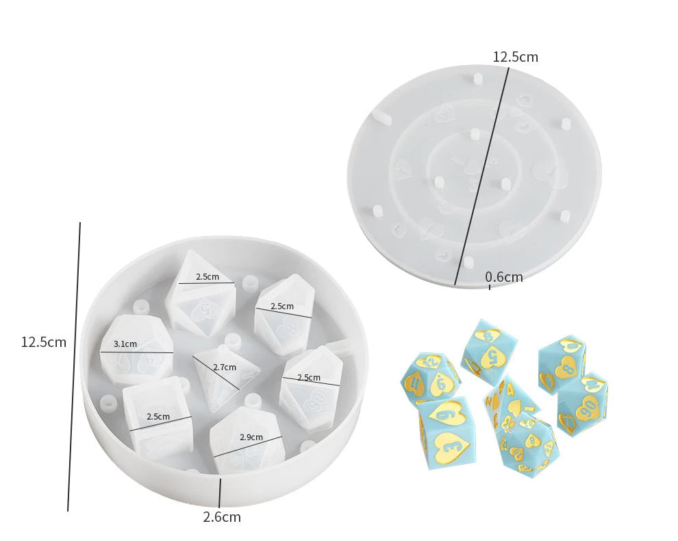 A set of white silicone resin hexagon molds for custom dice boxes, shown with dimensions.