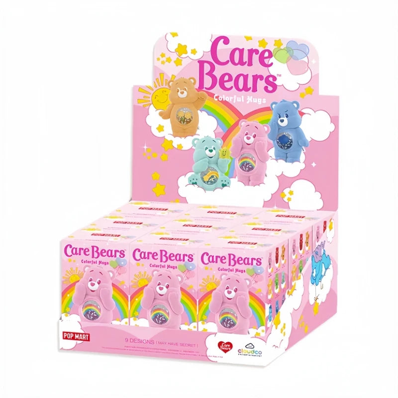 A box of POP MART Care Bears Colorful Hug Series collectible figurines featuring bears in various colors and expressions.