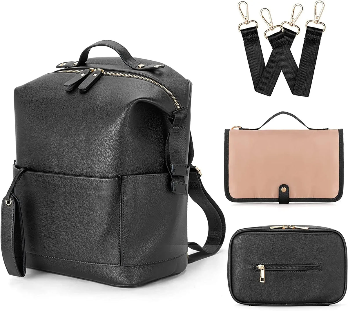PU Leather Diaper Backpack with Changing Pad and Stroller Straps
