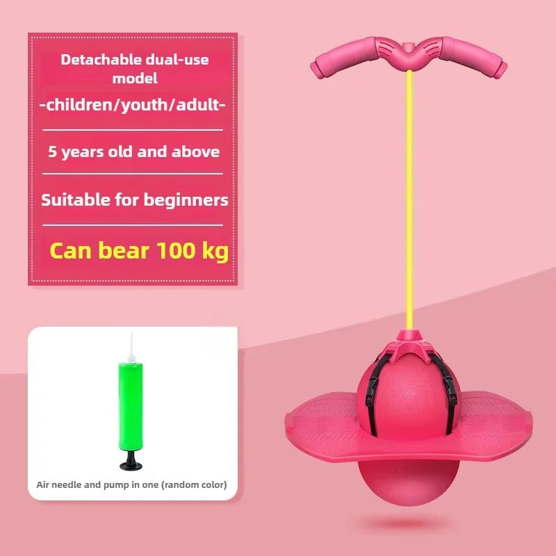 Pink detachable dual-use model bouncing ball trainer with a green air needle and pump.
