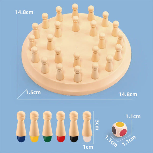A wooden memory match game showing various colored wooden pegs and a circular board.