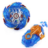 A blue and silver metal spinning top battle set with a string launcher.