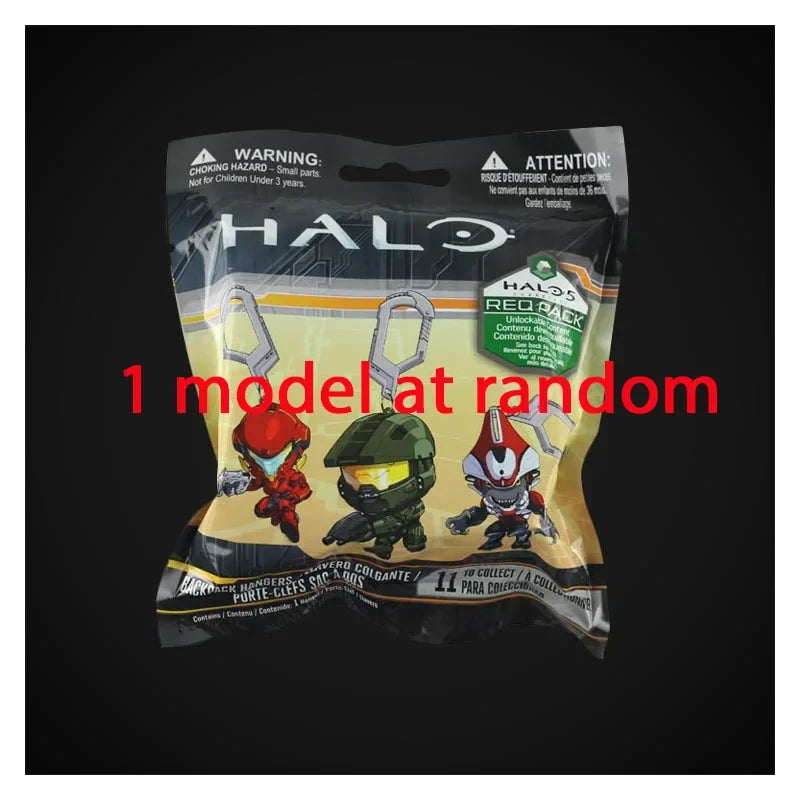 A sealed plastic bag containing a Halo themed Red Pack with various collectible game figures and charms.