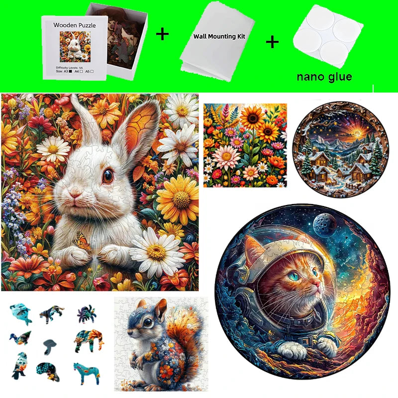 A set of crafting materials including a wooden puzzle, a wall mounting kit, and nano glue alongside various animal illustrati