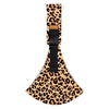 A black leather adjustable baby sling carrier with a leopard print fabric strap.