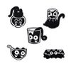 A set of four black cat enamel pins featuring various cat faces and designs.