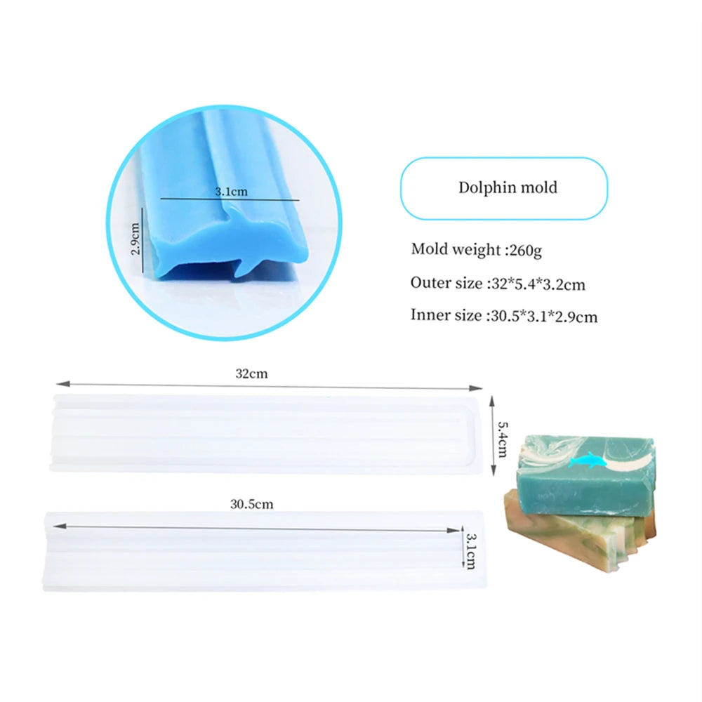 A blue dolphin mold and silicone molds for soap and candles are shown with various dimensions.