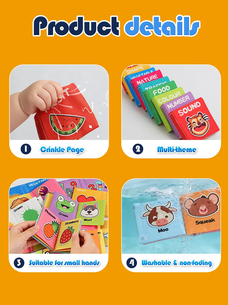 A set of nine colorful, washable cloth books featuring various themes like fruit, animals, and food for infants.