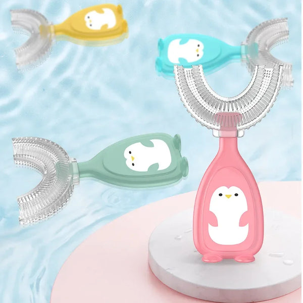 Three silicone U-shape baby toothbrushes in yellow, blue, and pink floating on water.