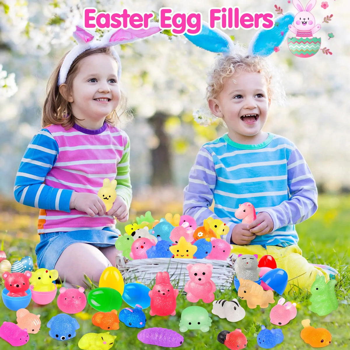 A collection of colorful mini kawaii mochi squishy toys and fidget items for Easter egg fillers