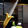 A yellow banana-shaped katana toy with a white blade is shown against a dark background.
