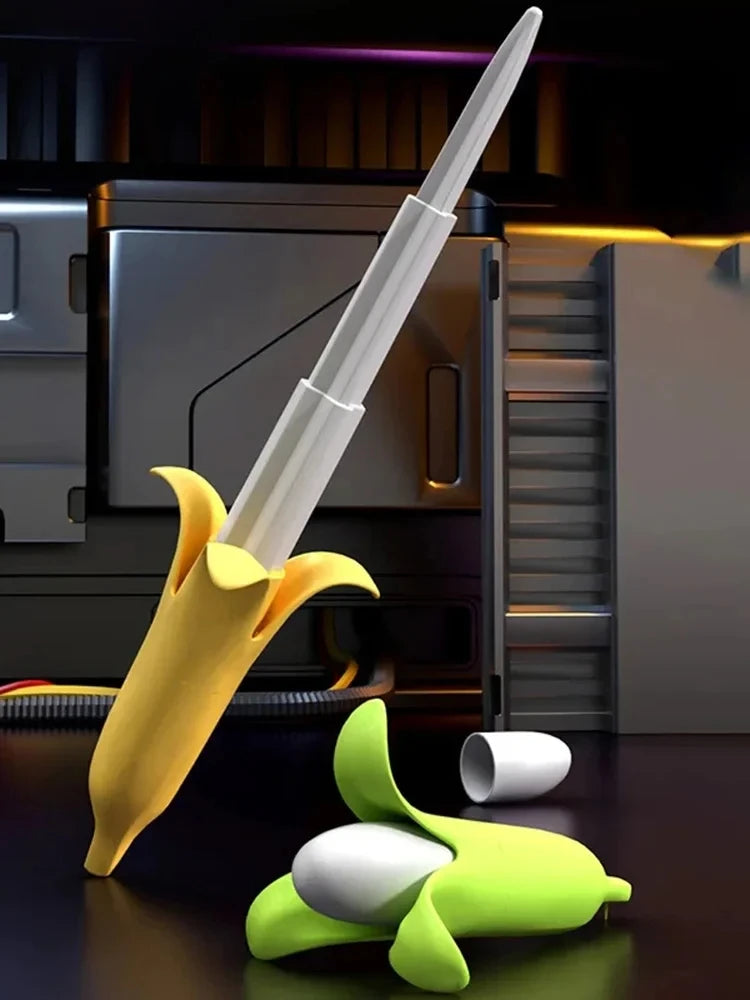 A yellow banana-shaped katana toy with a white blade is shown against a dark background.