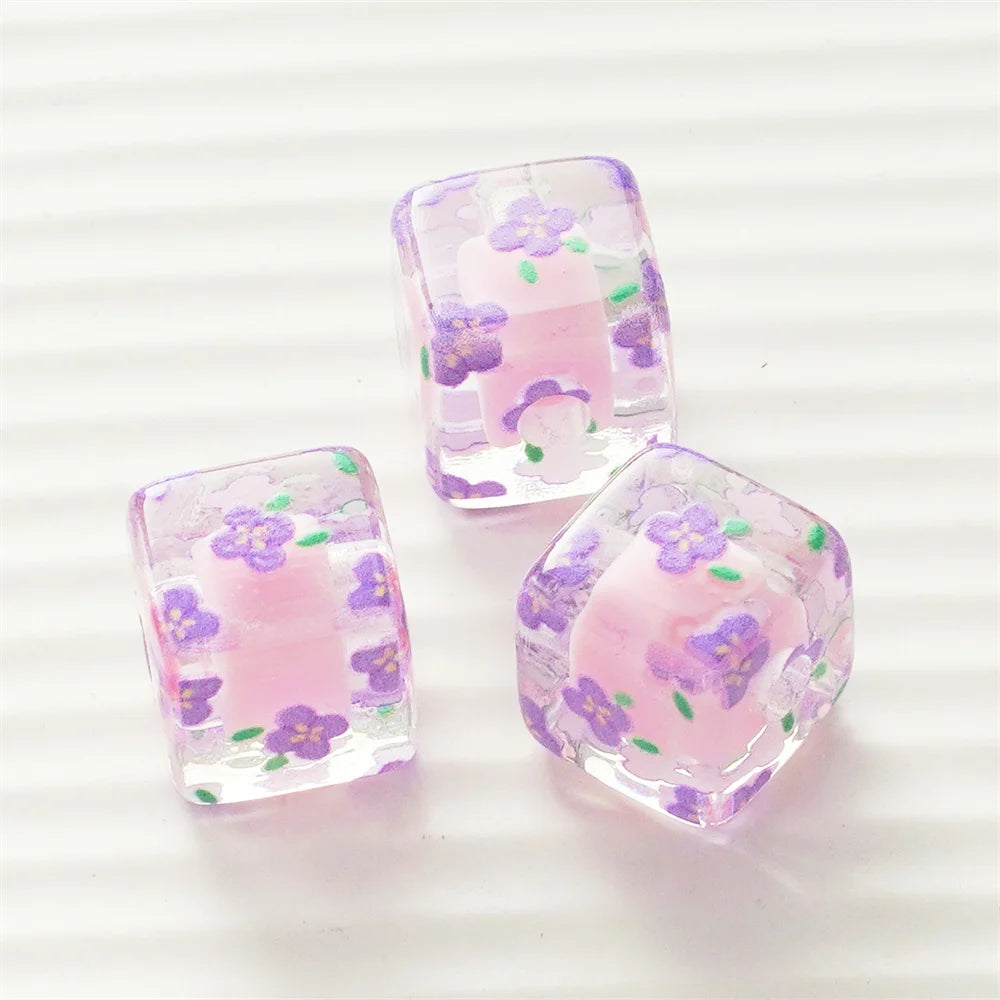 Pink floral square resin beads with purple accents for DIY jewelry making