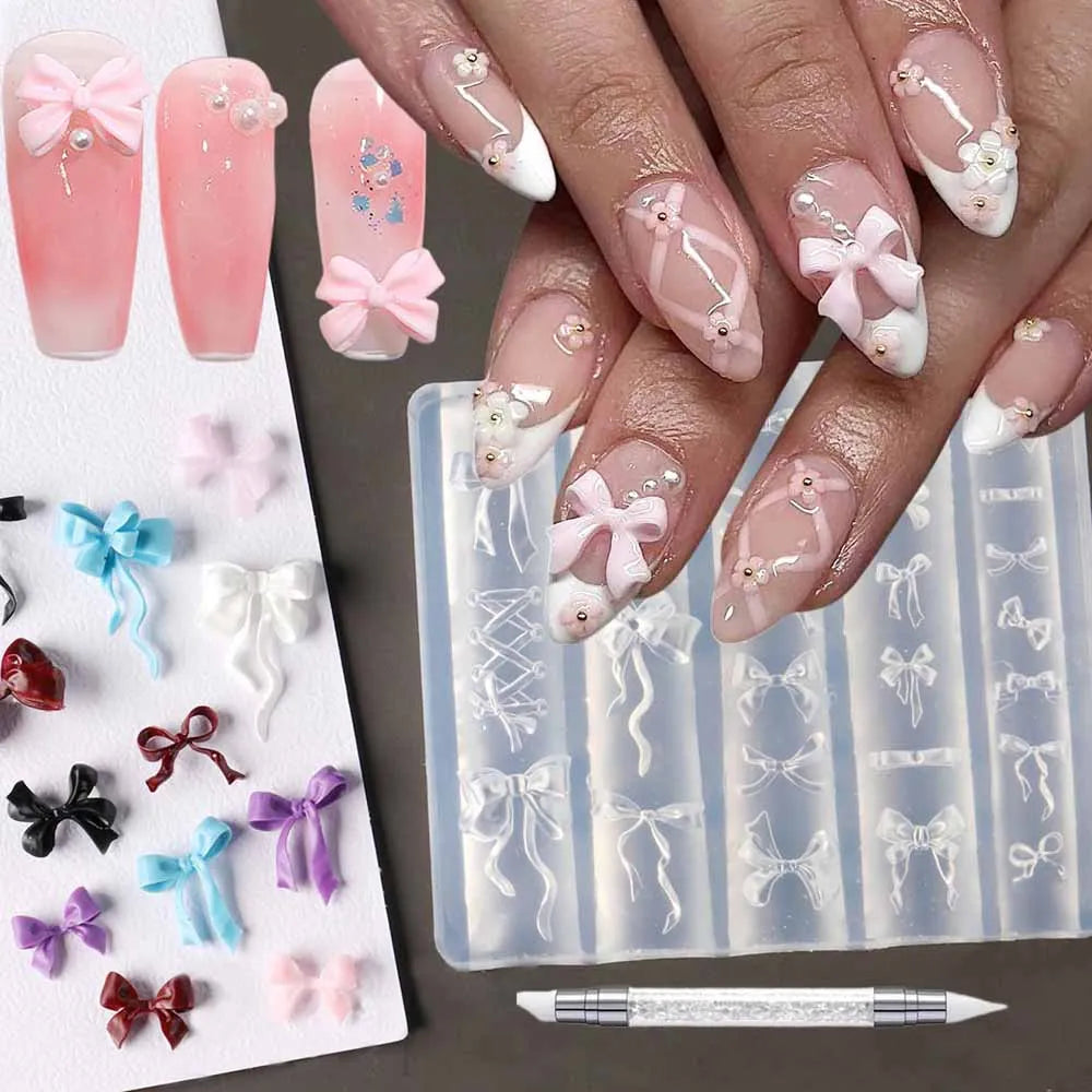 A hand displays various pink and white silicone nail molds featuring bowknot designs and a carving pen.