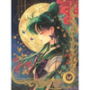 A digital painting of a cartoon girl with green hair and flowers, set against a dark background with a large golden moon.