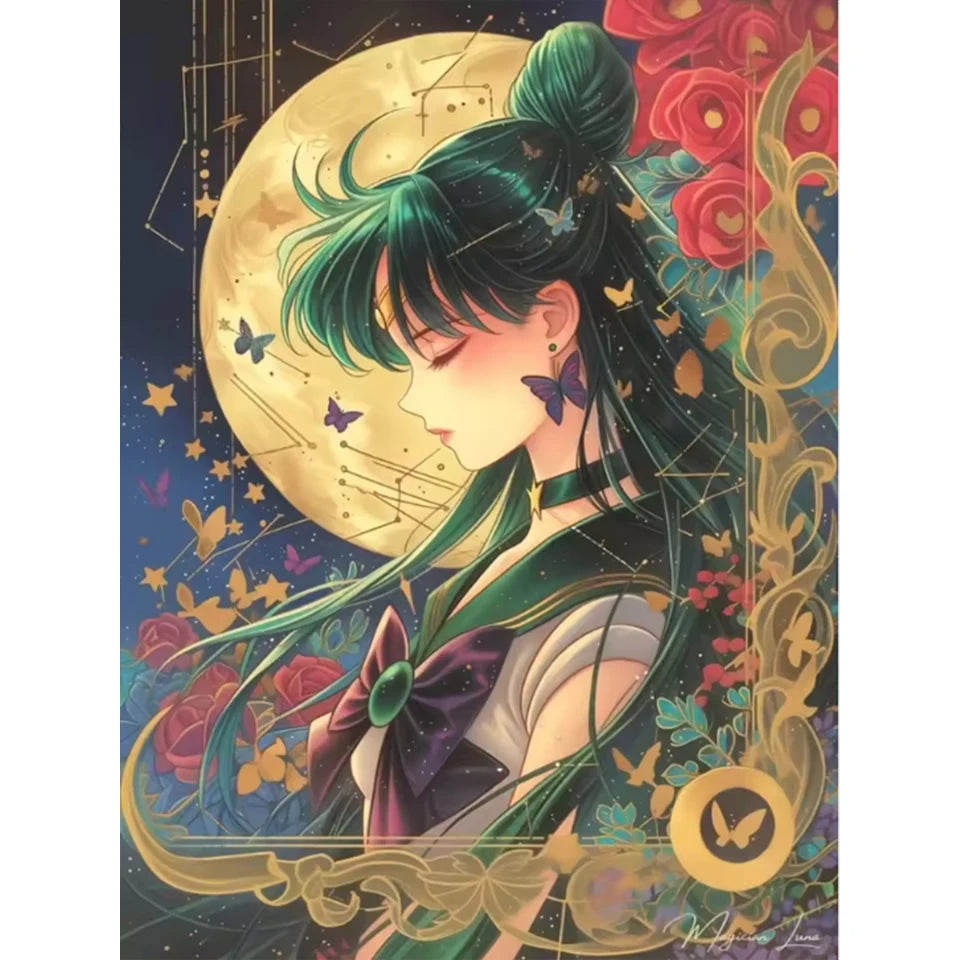 A digital painting of a cartoon girl with green hair and flowers, set against a dark background with a large golden moon.