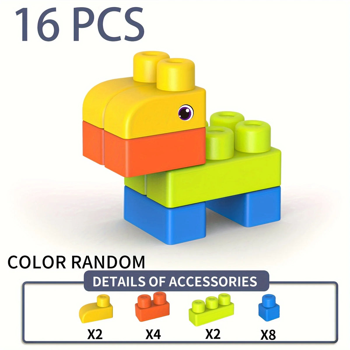 A set of 16 assorted color rubber building blocks, including yellow, orange, green, and blue pieces.