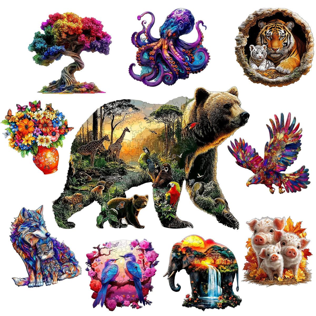 A collection of colorful animals and nature scenes including a tree, sea creature, tiger, bears, elephants, and various wildl