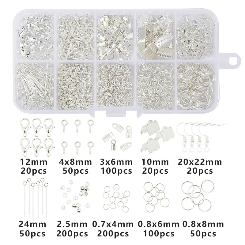 A clear plastic organizer case filled with various silver-colored jewelry making supplies including beads wire findings and t