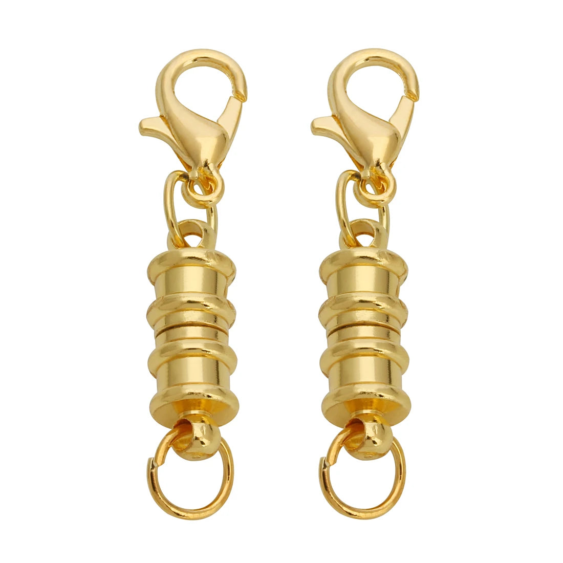 A pair of gold-colored magnetic clasps for jewelry making with jump rings.