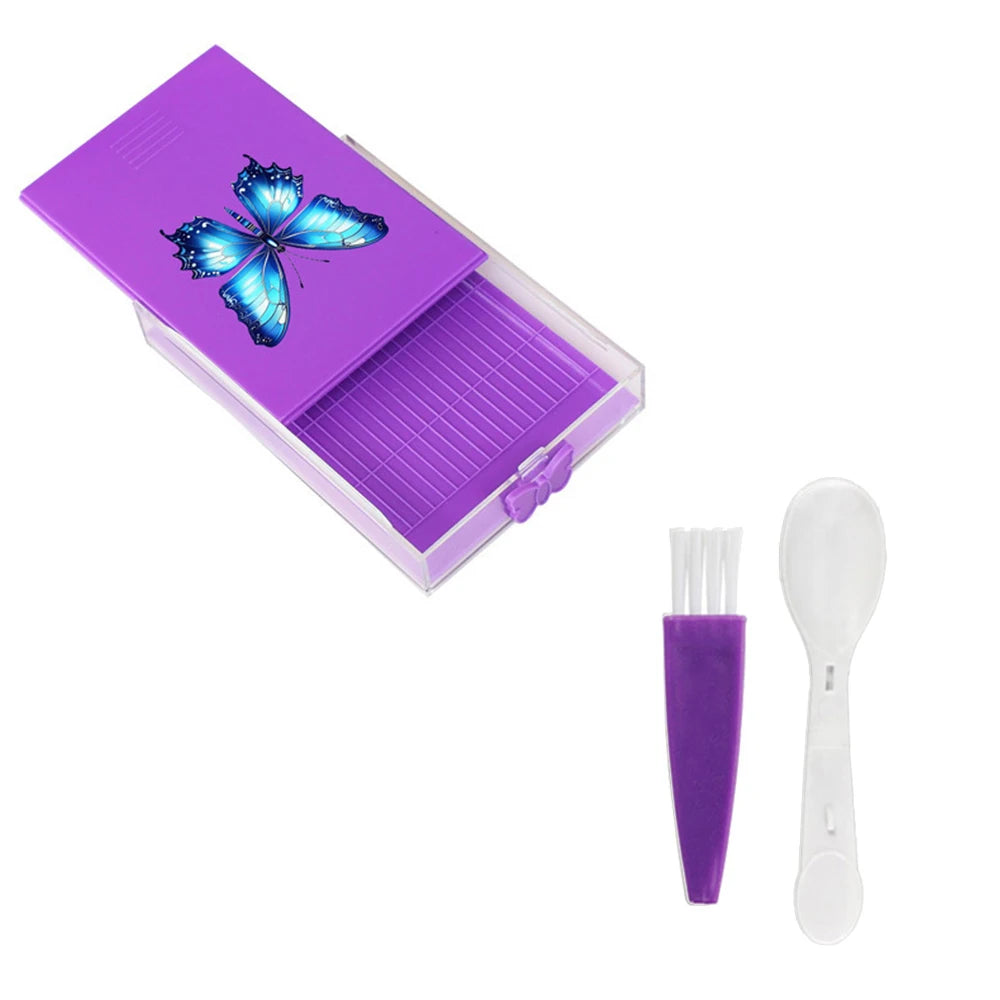 Purple diamond painting storage organizer box with a butterfly design and a white tool inside