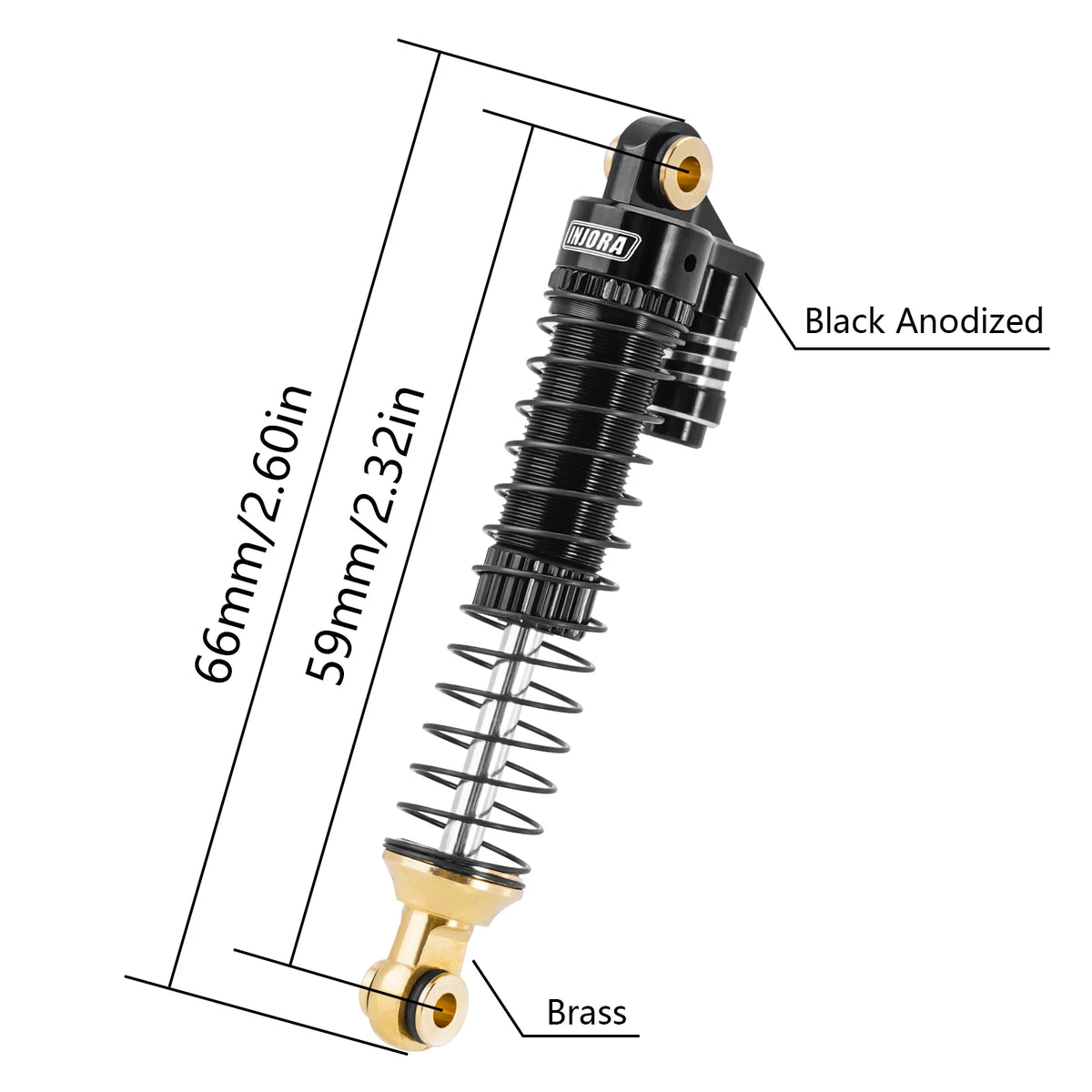 A black anodized shock absorber with brass fittings and a threaded shaft, shown in profile.