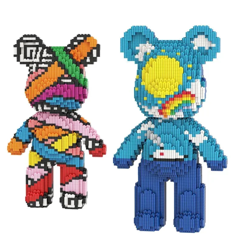 A colorful 3D bear building kit made of micro diamond blocks featuring bright blue and yellow hues.