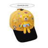 A yellow toddler 3D bear baseball cap with an adjustable strap and colorful graphics.