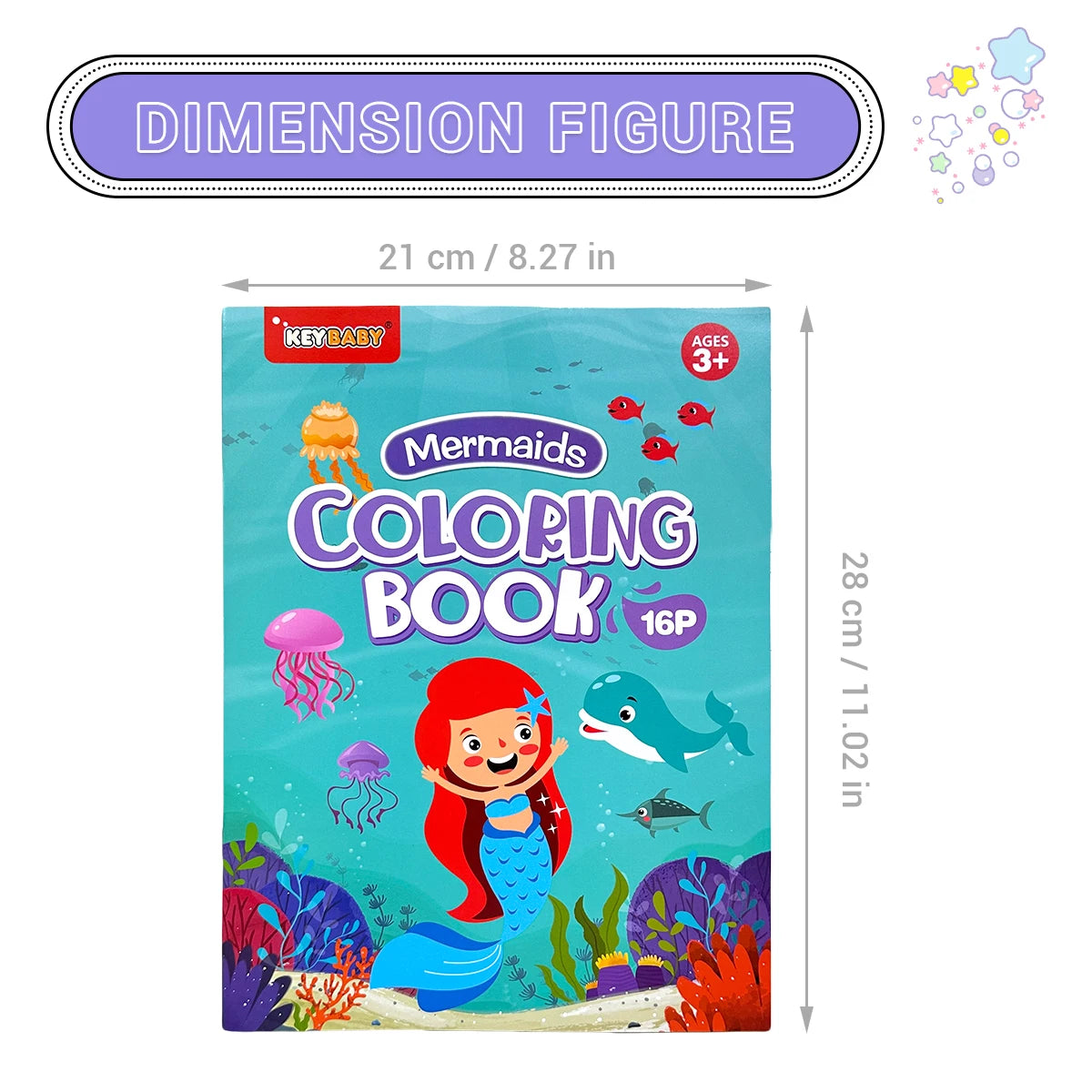 A dimension figure shows a 28 cm by 21 cm coloring book titled Mermaids Coloring Book for kids.