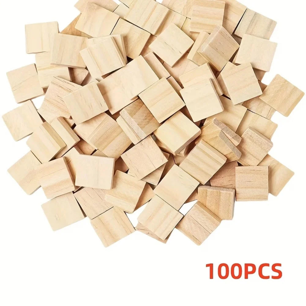 A pile of light wood alphabet letter tiles for DIY crafts and games