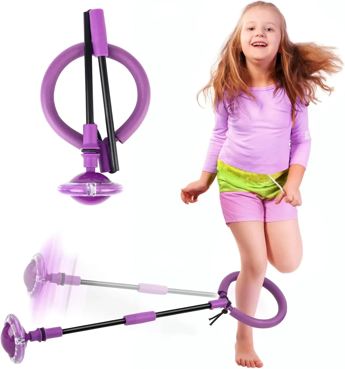 A young girl is playing with a purple glowing ankle skip ball and a long purple stick.