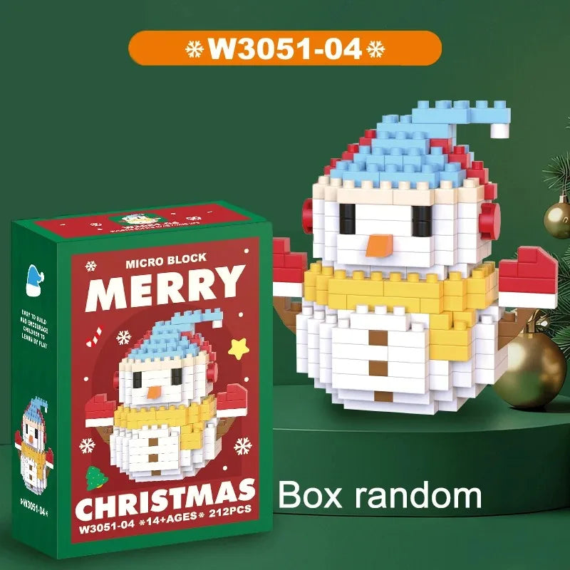 A box of Merry Christmas micro block set featuring a white Santa figure and reindeer on a green background.