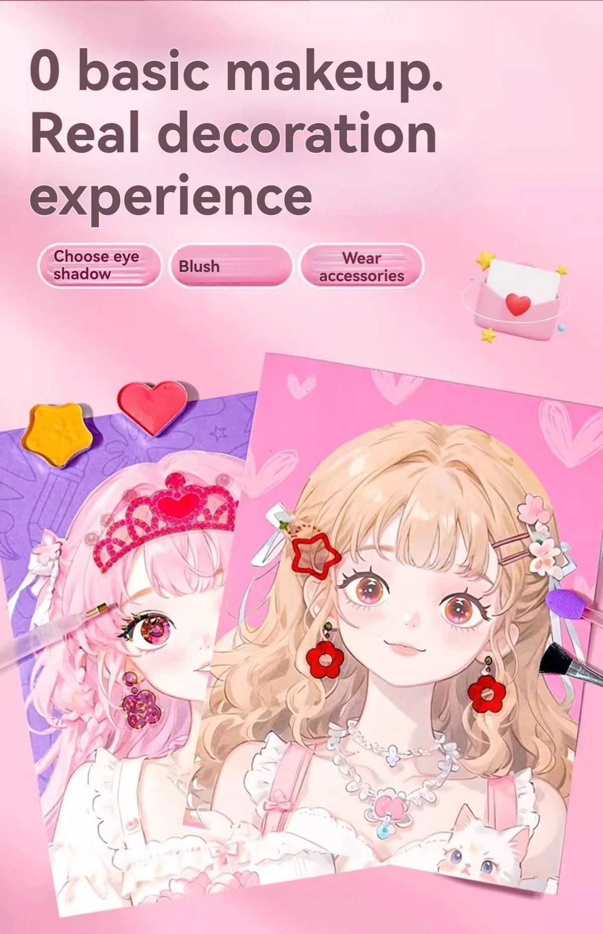 A pink-haired girl model demonstrates a makeup experience with various decoration options like eye shadow, blush, and accesso