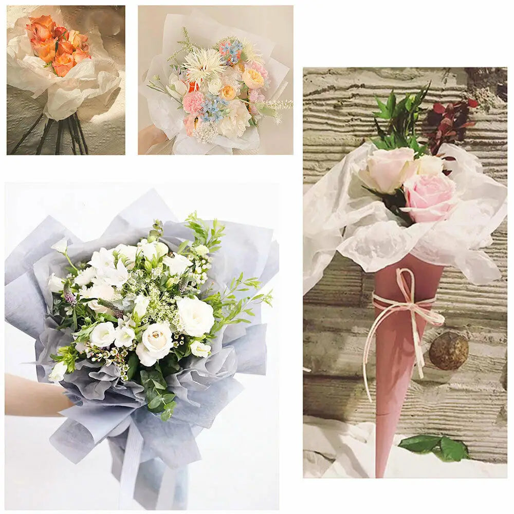 A collection of floral bouquets wrapped in translucent tissue paper and presented in various styles.