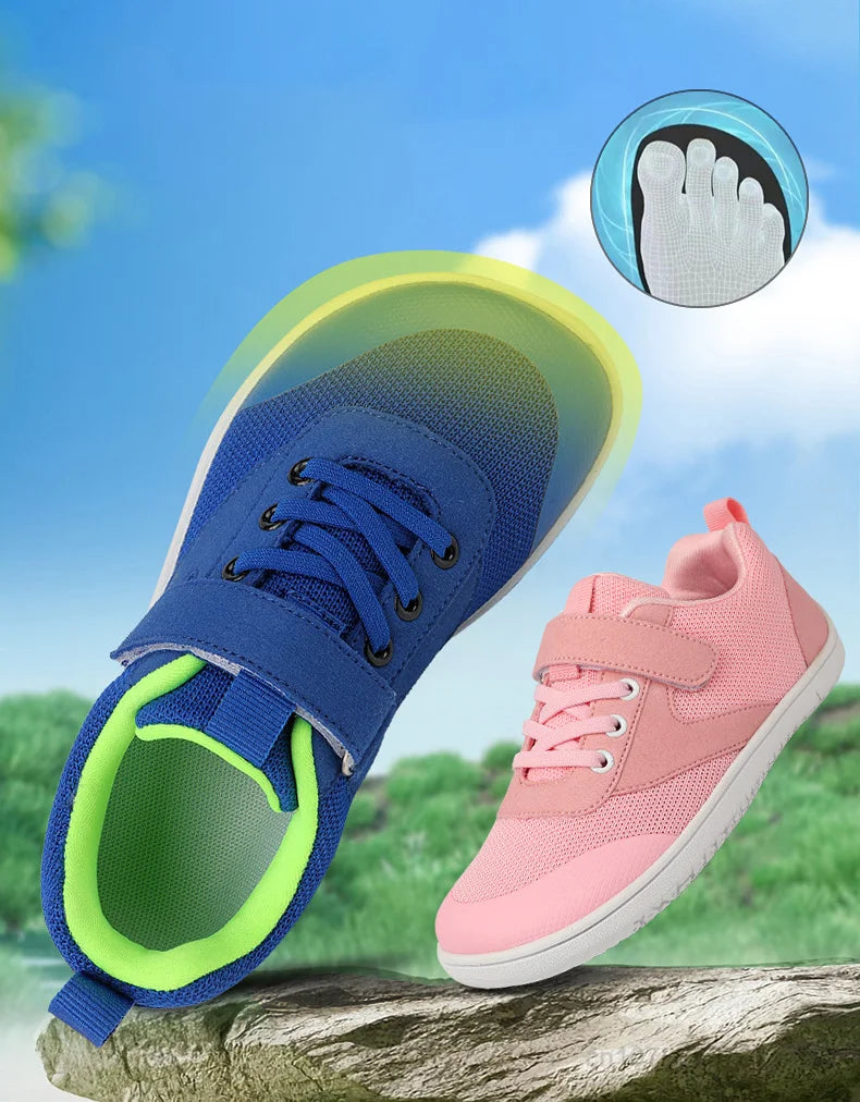 A blue children's sneaker is shown with a transparent sole, next to a pink mesh sneaker and a hand showing the wide toe box.