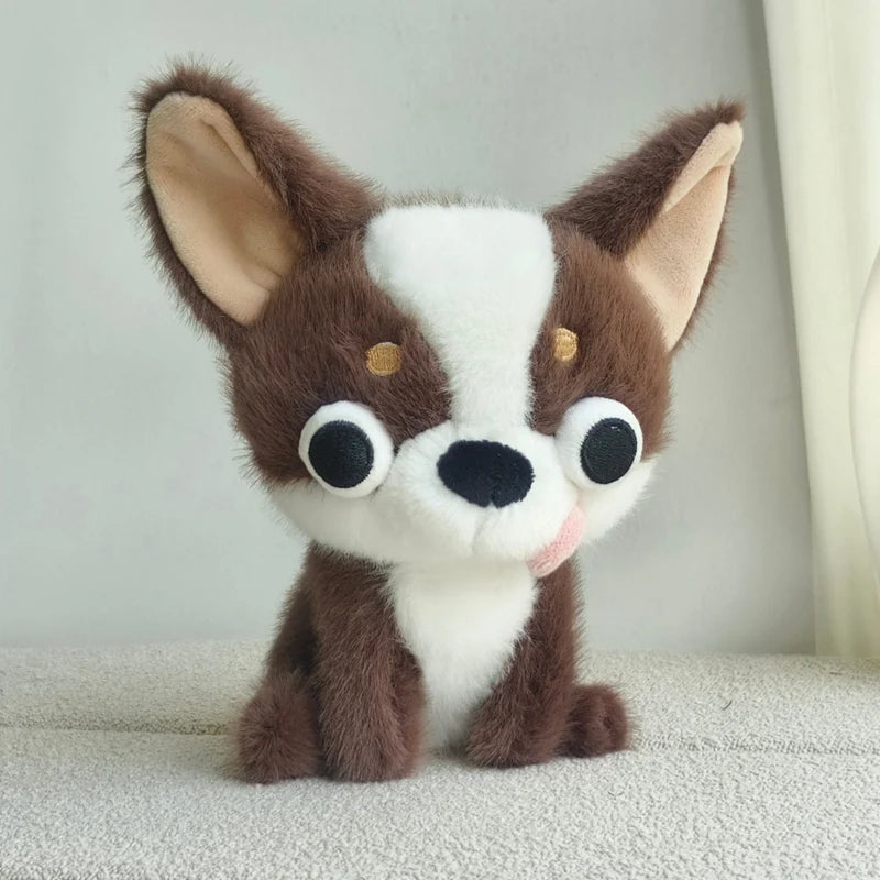 A brown and white Chihuahua plush doll with large eyes and a pink tongue sticking out.