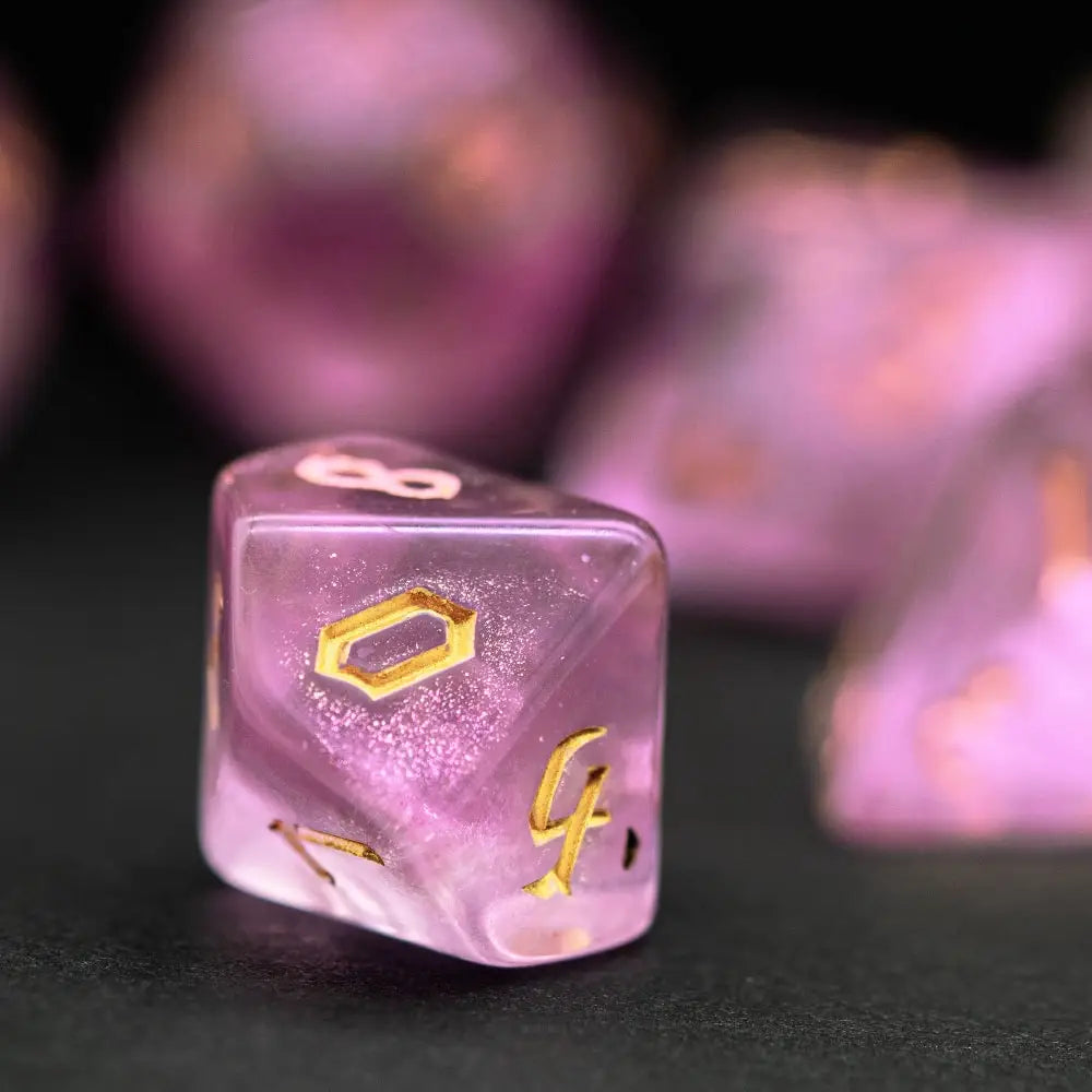 A translucent purple polyhedral die with the number 8 is shown against a dark background.