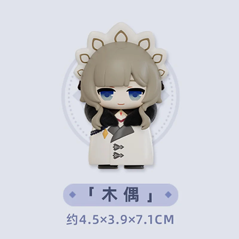 A chibi figurine of a character with light gray hair and blue eyes wearing a white outfit with black accents.