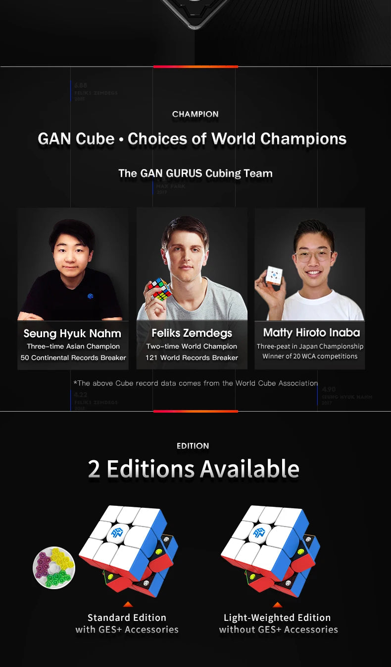 A promotional image featuring three cube players, Seung Hyuk Nahm, Feliks Zemdegs, and Matty Hiroto Inaba, with options for S