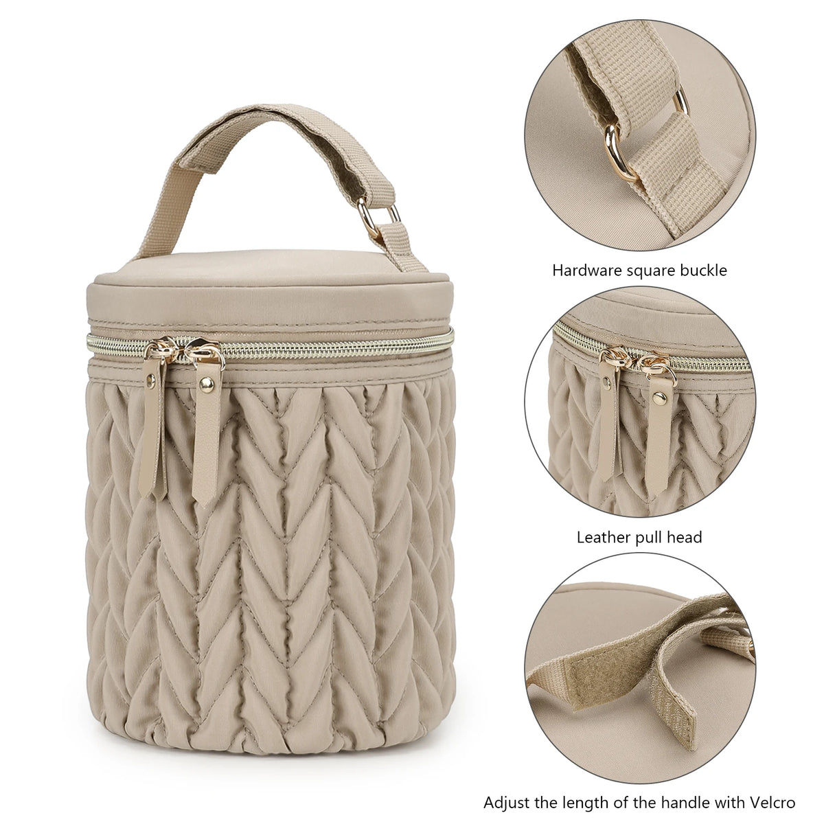Beige quilted organizer bag with a leather pull head and Velcro adjustment for a baby stroller caddy