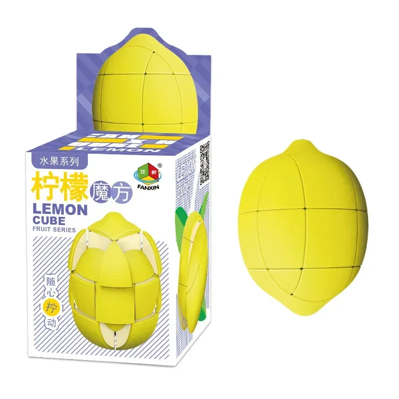 A yellow fruit-shaped 3x3 puzzle cube for kids is shown in its packaging.