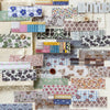 A collection of vintage washi paper sticker sheets featuring various grid patterns, floral designs, and textured elements for