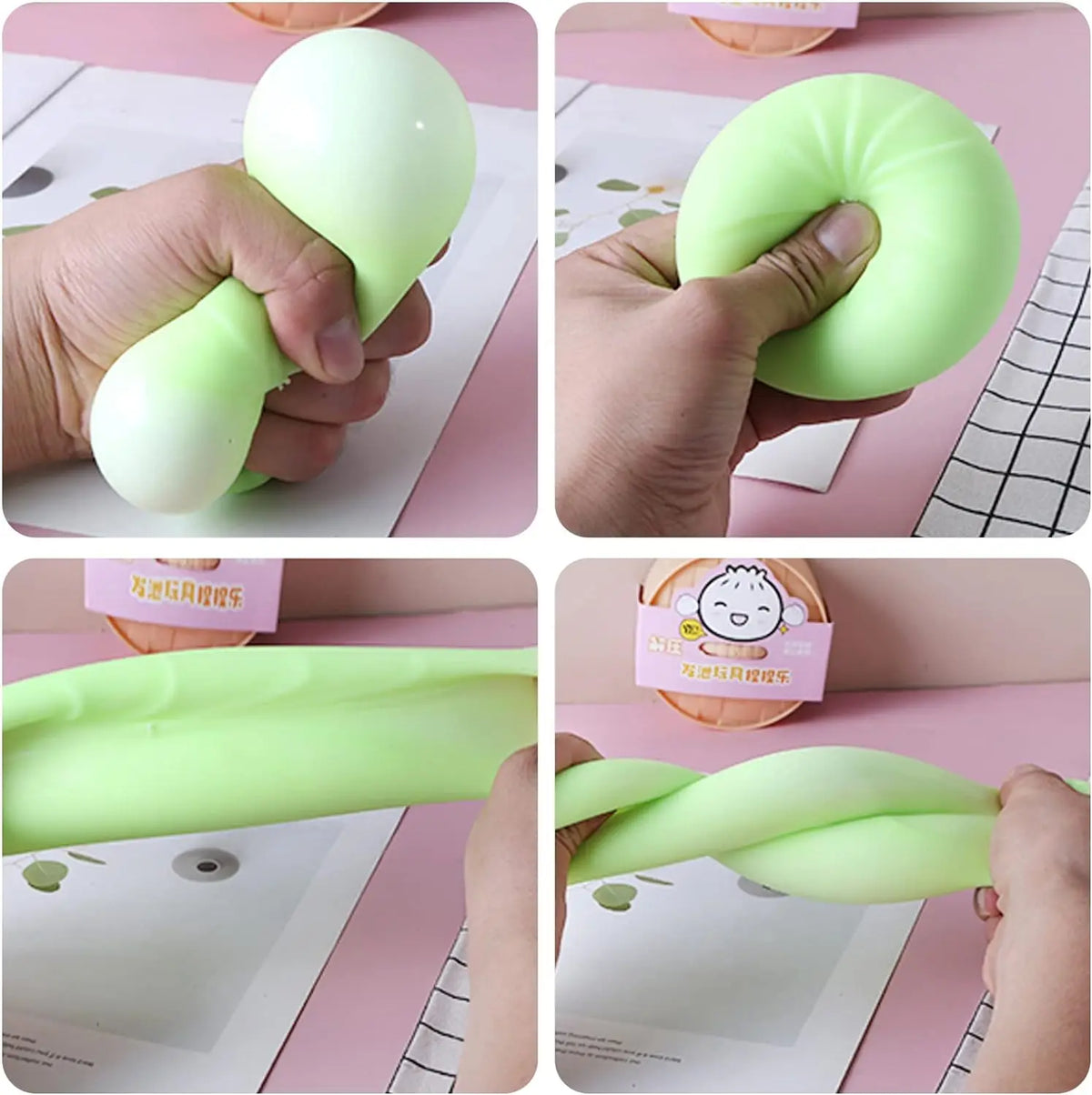 A hand squeezes a bright lime green dumpling-shaped squishy stress ball with a mini steamer.